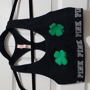 PINK VICTORIA’S SECRET BLACK GREEN CLOVER‎ FRONT SIZE LARGE SPORTS BRA